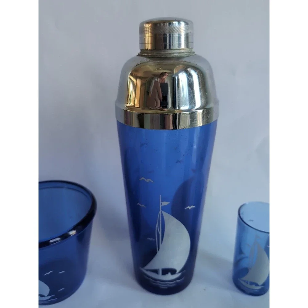 Hazel Atlas Cocktail Shaker Set Ice Bucket Glasses Cobalt Blue Sail Boat MCM Vtg